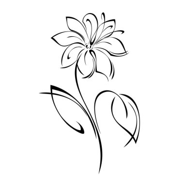 stylized flower on a short stem with leaves in black lines on a white background clipart