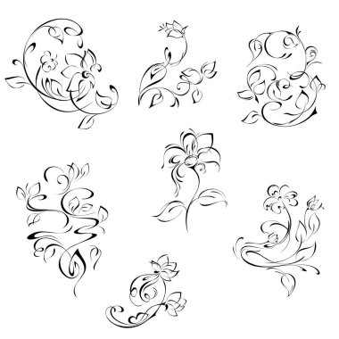 Beyaz arka planda siyah çizgilerle şekillendirilmiş çiçekler. Ayarla