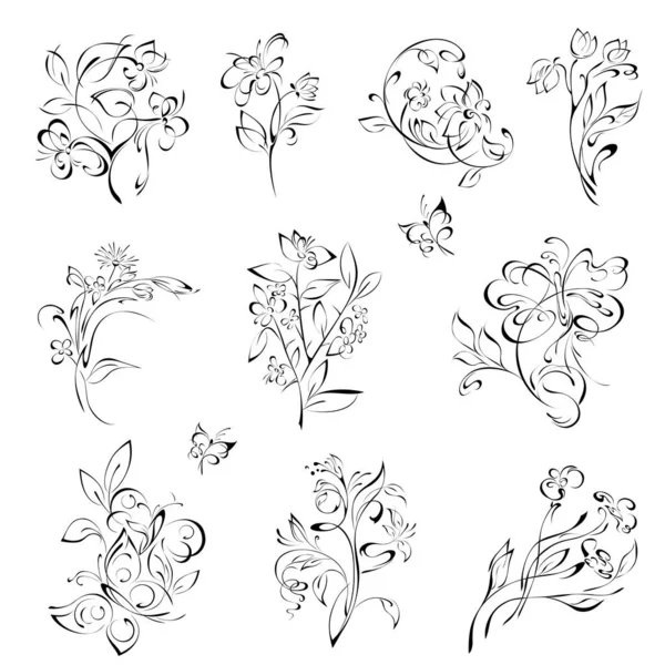 Stylized Flowers Butterflies Black Lines White Background Set — Stock Vector