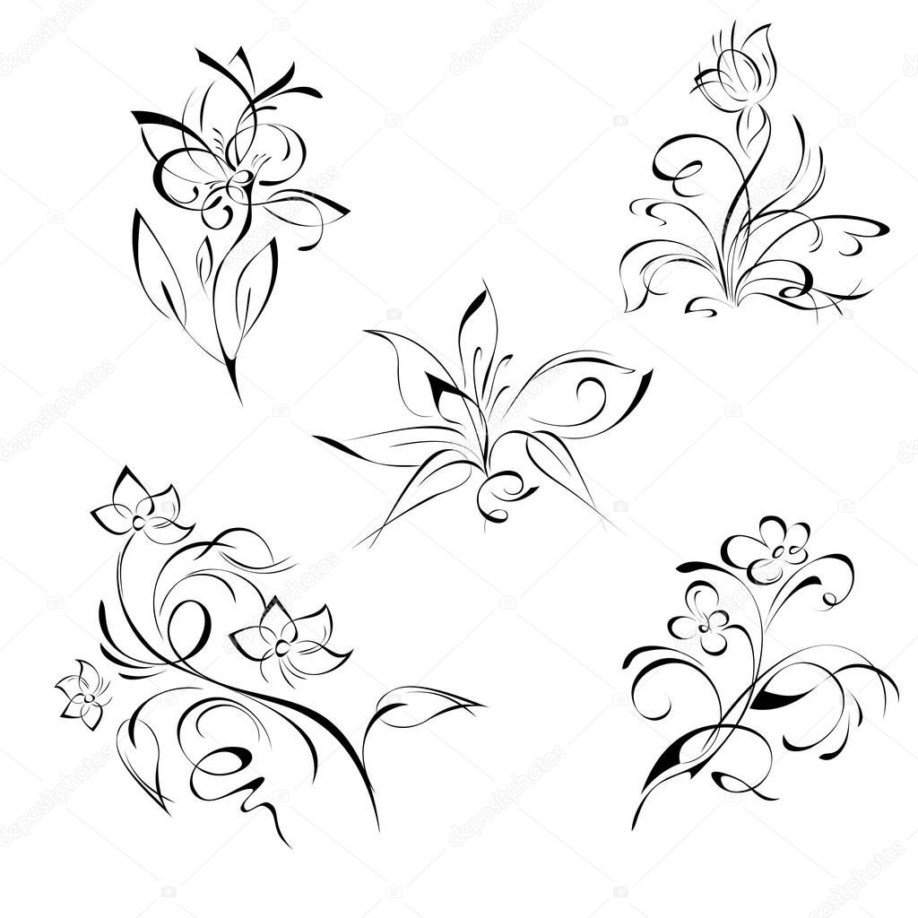 stylized flowers in black lines on a white background. SET