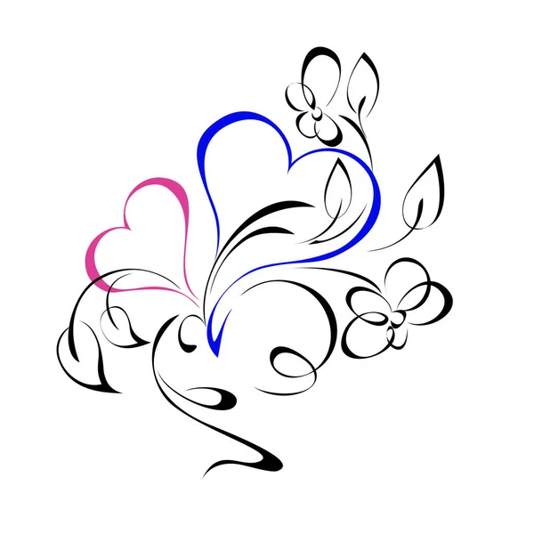 Silhouette Deux Cœurs Avec Une Fleur Sur Fond Blanc — Image vectorielle