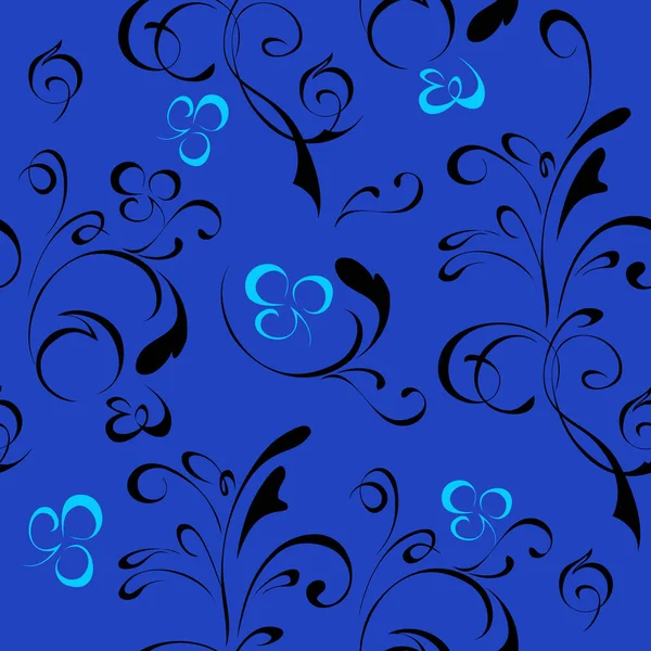 Bezszwowy Wzór Abstrakcyjnym Wzorem Czarnych Gładkich Linii Jasnoniebieskich Kwiatów Niebieskim — Wektor stockowy