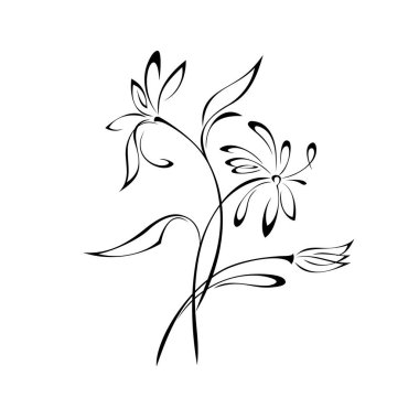 Uzun saplı bir buket çiçeğin üzerinde beyaz arkaplanda siyah çizgilerle yapraklar var.