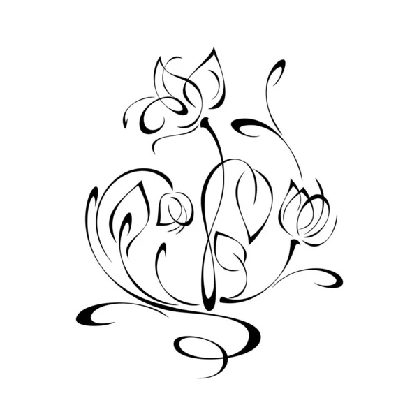 Elemento Decorativo Con Brotes Flores Tallos Con Hojas Rizos Líneas — Vector de stock