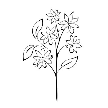 Yapraklı dal ve beyaz arka planda siyah çizgilerle şekillendirilmiş çiçekler.
