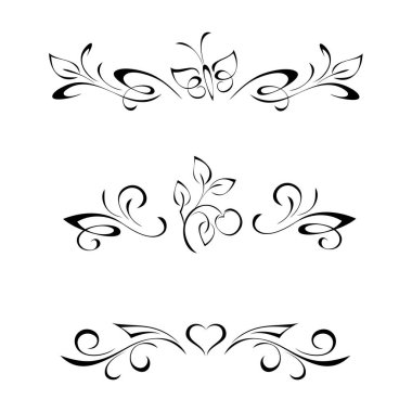 Ortasında dekoratif bir nesne olan simetrik bir süs, beyaz arkaplanda siyah çizgiler halinde. Ayarla