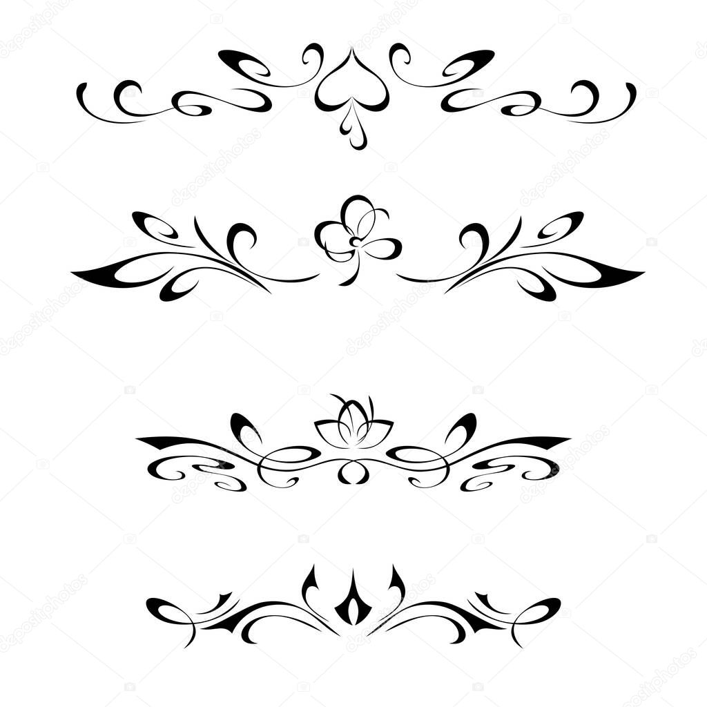 symmetric ornament with a decorative object in the center, in black lines on a white background. SET