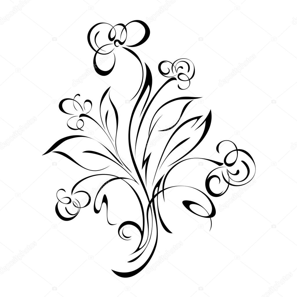 bouquet of wild flowers with leaves and curls in black lines on a white background