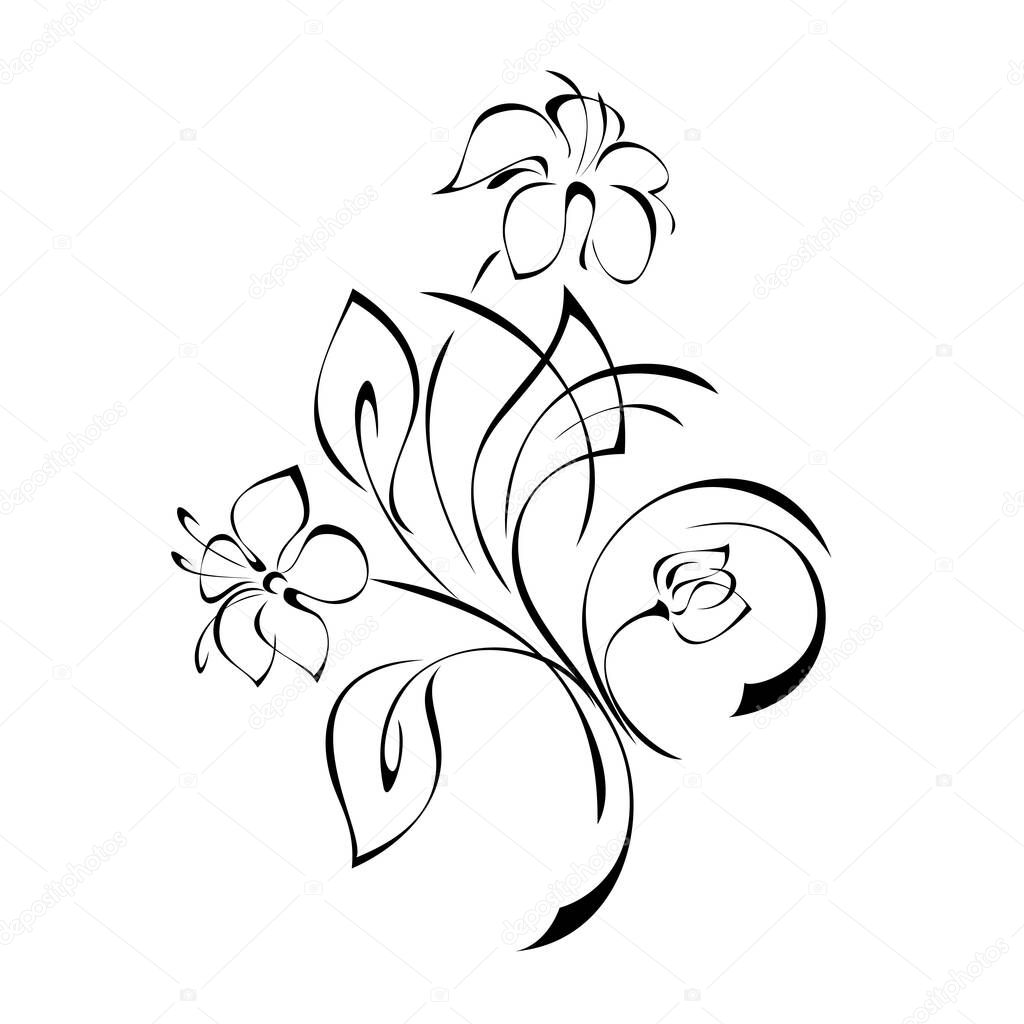 stylized bouquet of flowers with leaves and curls in black lines on a white background