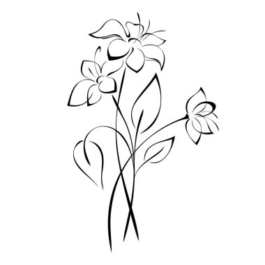 Beyaz arkaplanda siyah çizgili yaprakları olan sapları üzerinde üç stilize çiçek.