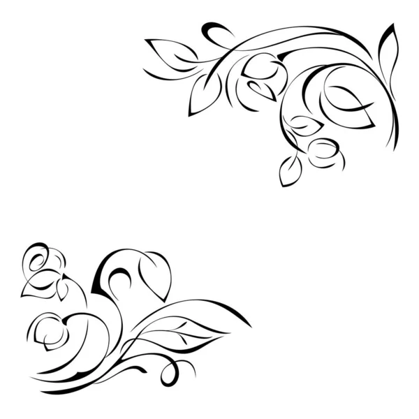 Two Ornaments Stylized Twigs Rose Flower Buds Leaves Vignettes Black Stock Vector