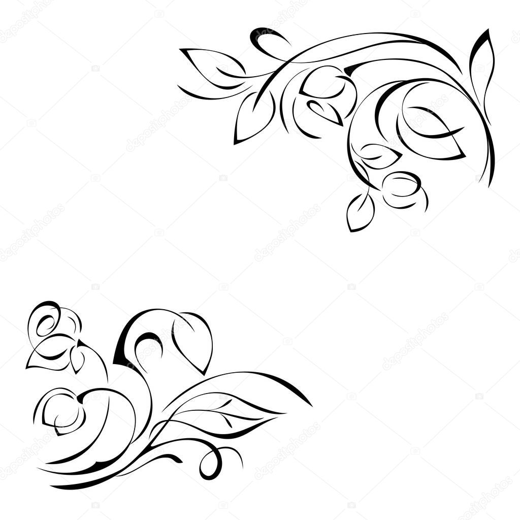 two ornaments of stylized twigs with rose flower buds, leaves and vignettes with black lines on a white background