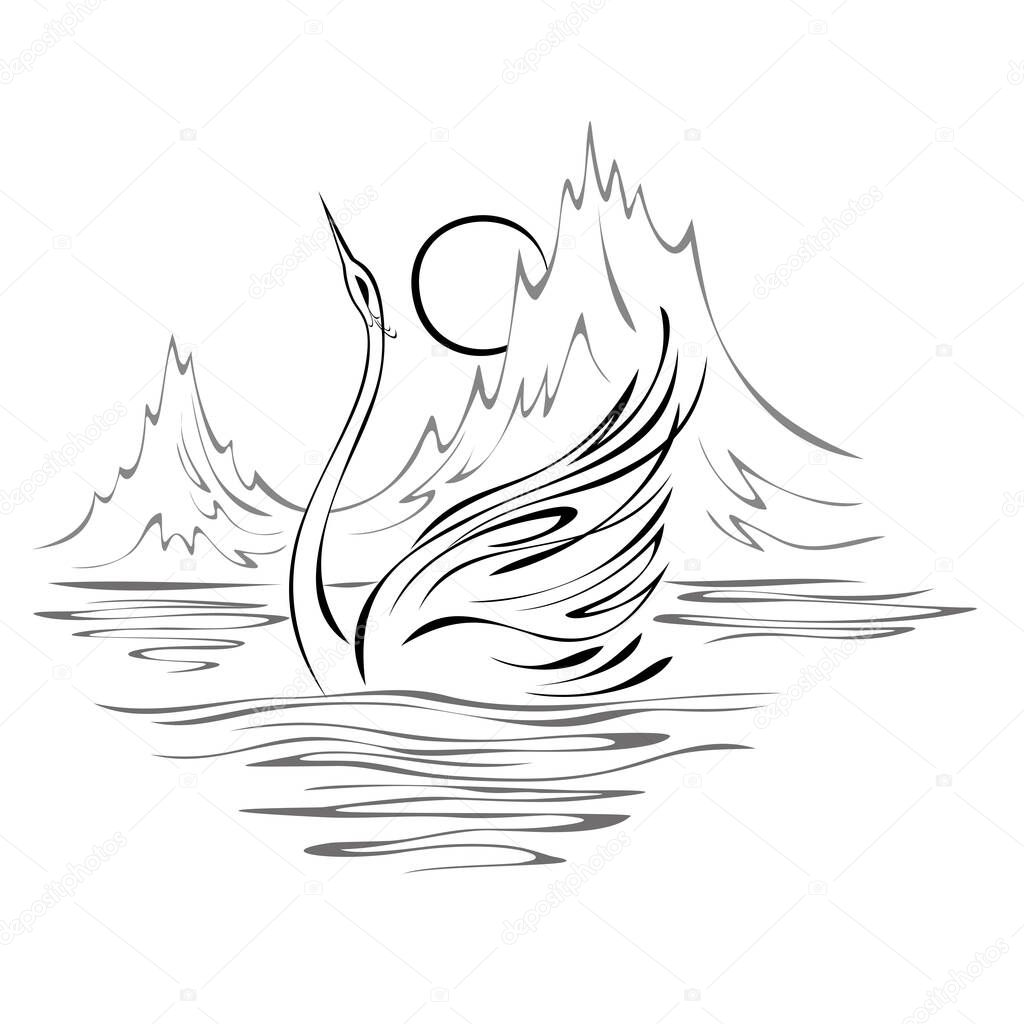 swan gracefully floating on the water against the backdrop of mountain peaks