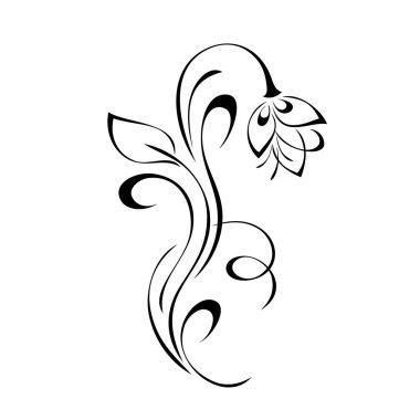 Bir stilize çiçek, kıvrımlı bir sapta Bud, beyaz arka planda siyah çizgiler ve kıvrımlar.