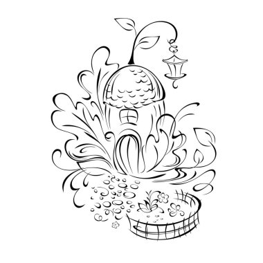 Meşe yaprakları arasında meşe palamudu şeklinde küçük bir bahçe ve çatıda bir fener olan minyatür masal evi.