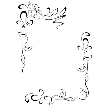 Dekoratif dikdörtgen çerçeve, stilize çiçek, siyah çizgiler ve beyaz arkaplan üzerinde vignettler