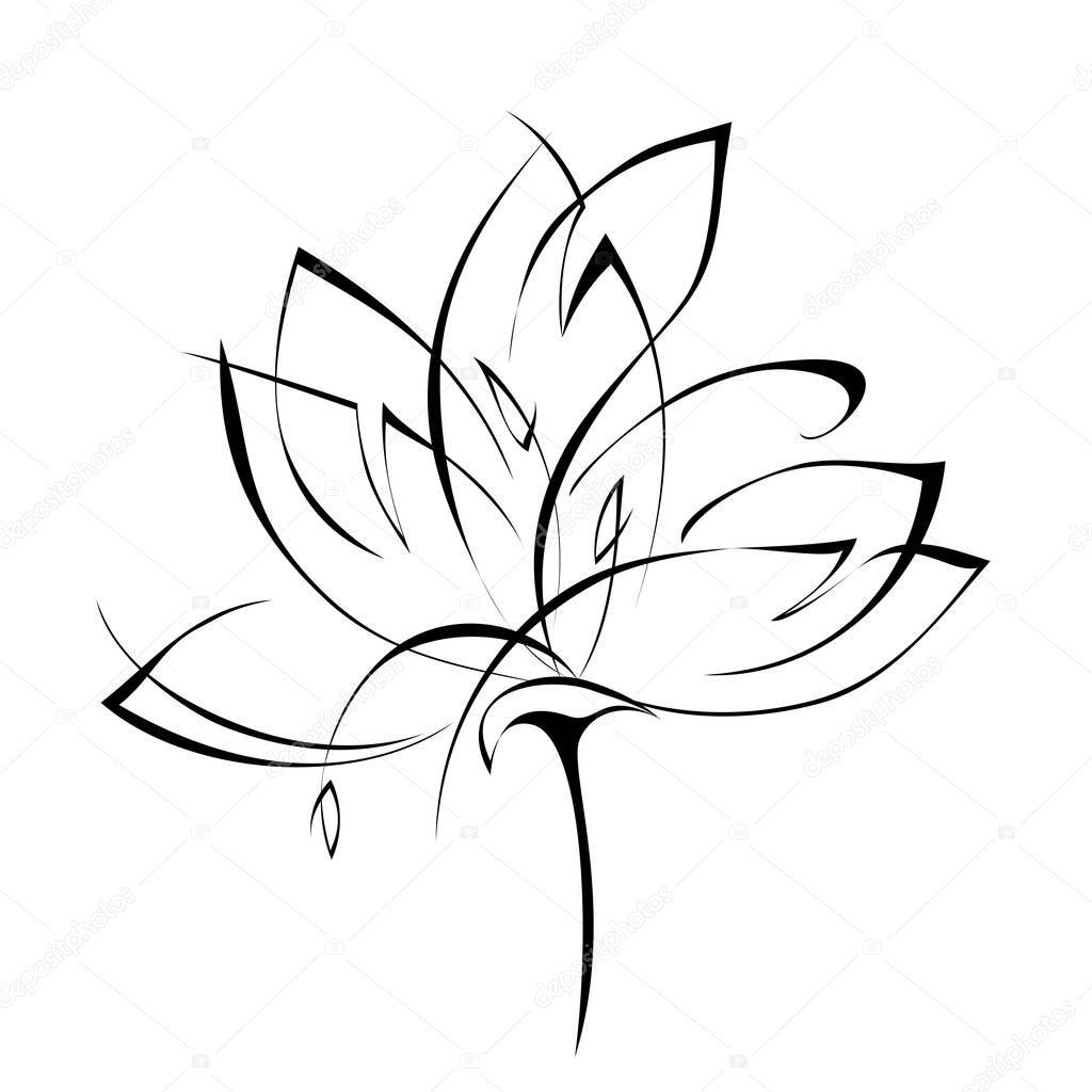 one stylized flower with large petals on a short stalk in black lines on a white background