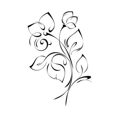 Sapında siyah çizgiler ve beyaz arkaplan üzerinde yaprak olan stilize çiçek