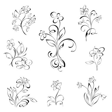 Sapları üzerinde şekillendirilmiş çiçekler, beyaz arka planda siyah çizgiler halinde yapraklar. Ayarla