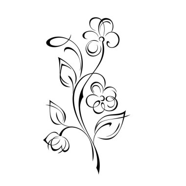 Uzun saplı bir buket çiçeğin üzerinde beyaz arkaplanda siyah çizgilerle yapraklar var.