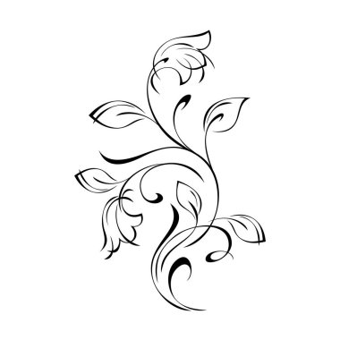 Tarzlı çiçekli dal, beyaz arkaplanda siyah çizgiler halinde yapraklar ve kıvrımlar