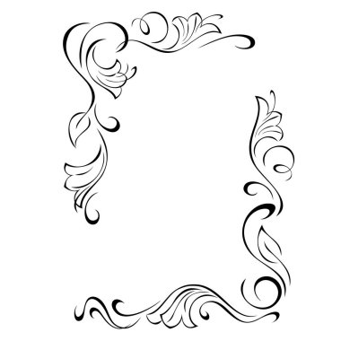 Dekoratif dikdörtgen çerçeve, biçimlendirilmiş çiçekler ve beyaz arkaplanda siyah çizgiler halinde vignettler.