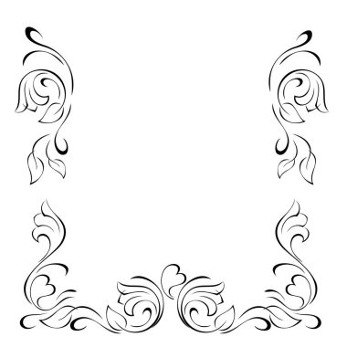 decorative frame with stylized flowers, leaves, hearts and vignettes in black lines on a white background clipart