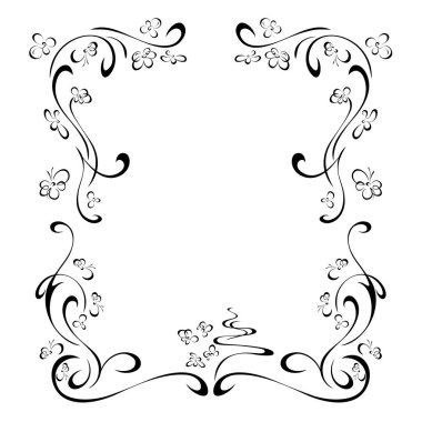 Dekoratif dikdörtgen çerçeve, biçimlendirilmiş çiçekler ve beyaz arkaplanda siyah çizgiler halinde vignettler.
