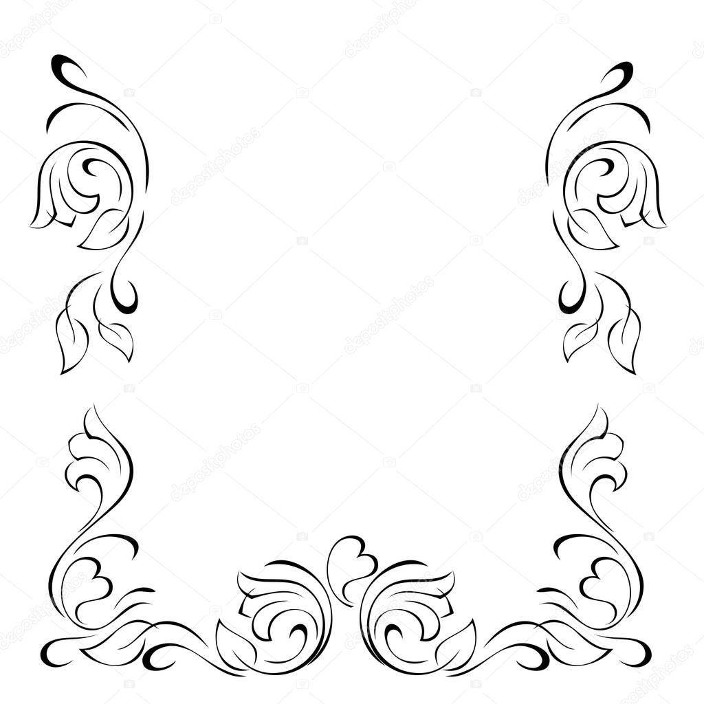 decorative frame with stylized flowers, leaves, hearts and vignettes in black lines on a white background