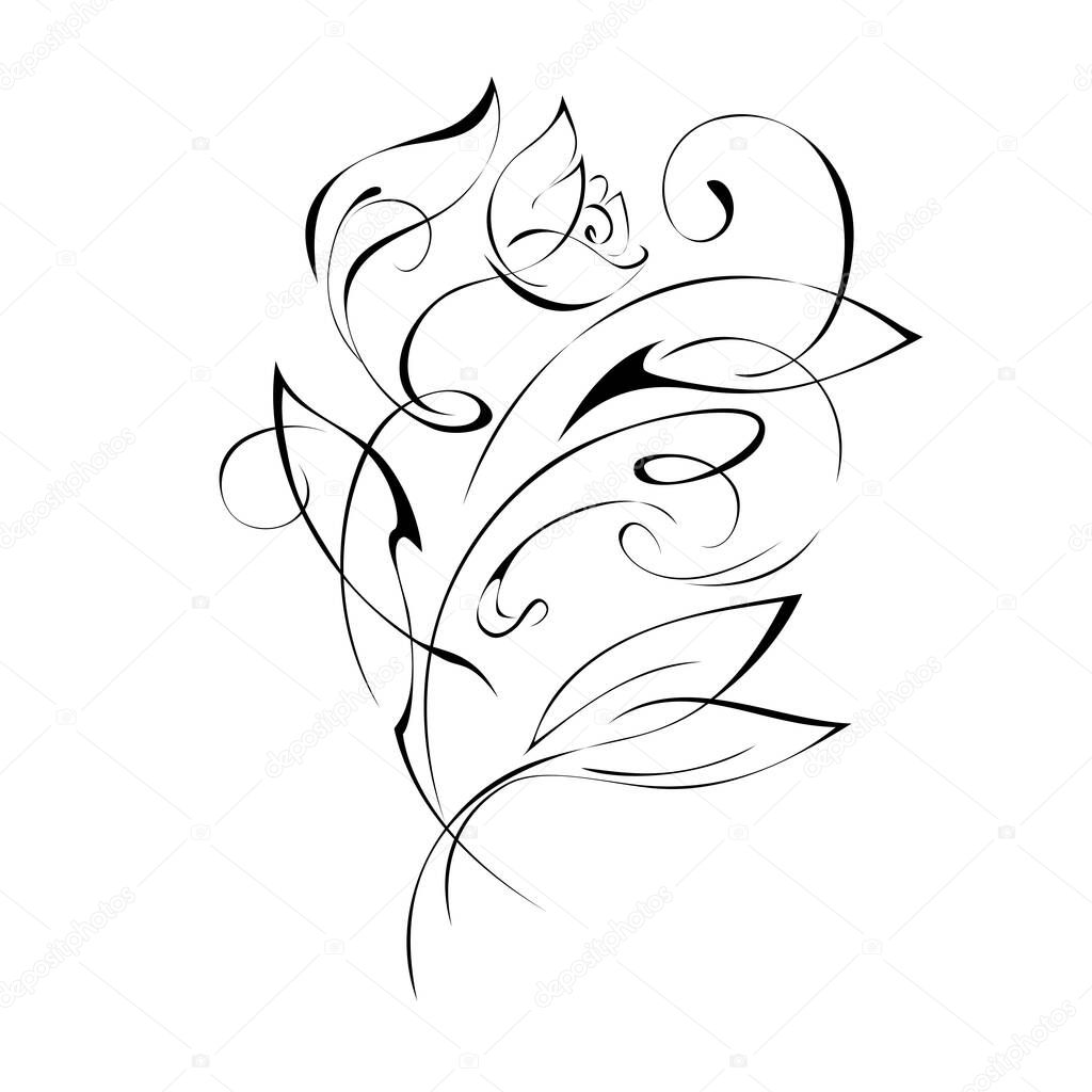 stylized sprig of roses on the stem with leaves in black lines on a white background