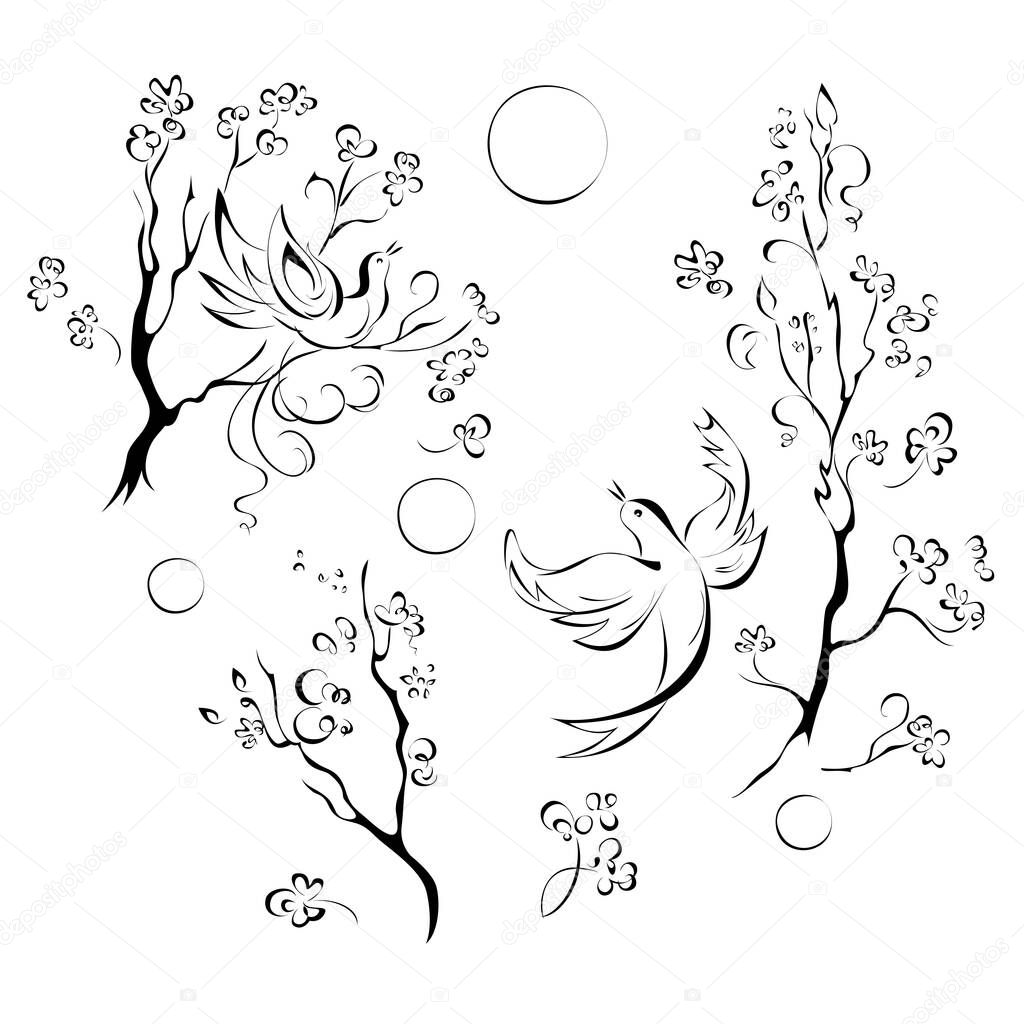 birds on tree branches in spring in black lines on white background