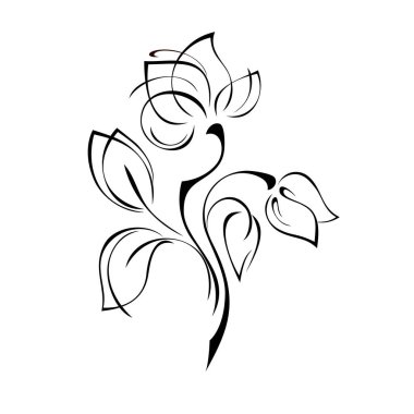 Eğri bir sapta iki tomurcuk ve beyaz arkaplanda siyah çizgiler olan stilize bir çiçek.