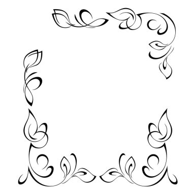 Şekil verilmiş çiçekleri, broşürleri ve siyah çizgileri olan beyaz arkaplanda kıvrımları olan eşsiz dekoratif çerçeve.