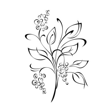 Yapraklı dal ve beyaz arka planda siyah çizgilerle şekillendirilmiş çiçekler.