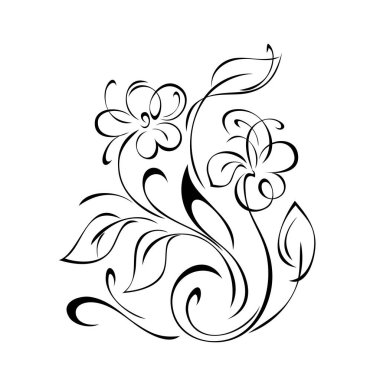 Yaprakları kıvrımlı ve beyaz arkaplanda siyah çizgileri olan büyük yapraklı, stilize çiçekler.