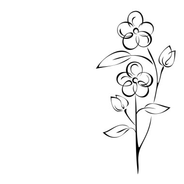 Yapraklı dal ve beyaz arka planda siyah çizgilerle şekillendirilmiş çiçekler.