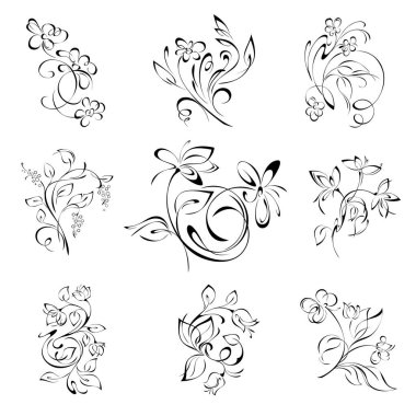 Yapraklar ve siyah çizgilerle beyaz arkaplanda kıvrımlı çiçek desenleri. Ayarla