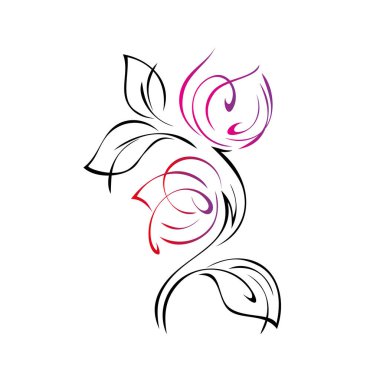 Beyaz arkaplanda renkli çizgilerle yaprakları olan bir sapta iki stilize çiçek tomurcuğu