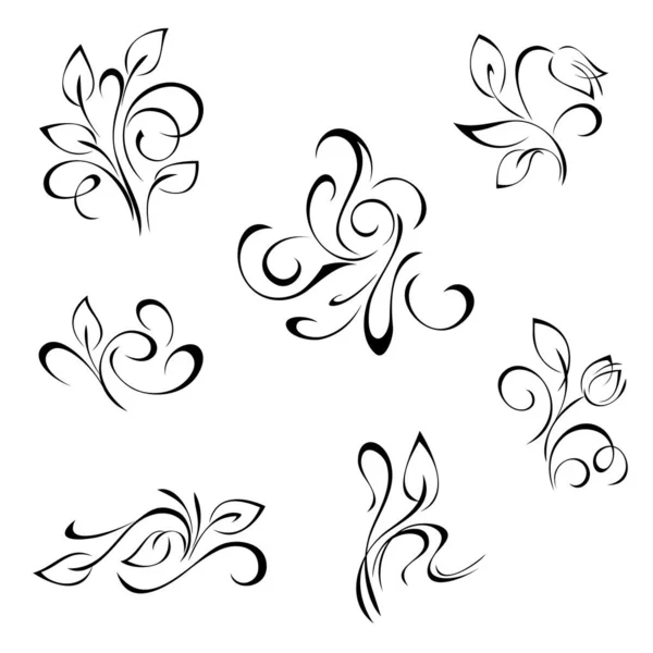 白い背景の黒い線で葉とカールを持つ装飾的な要素のセット セット — ストックベクタ