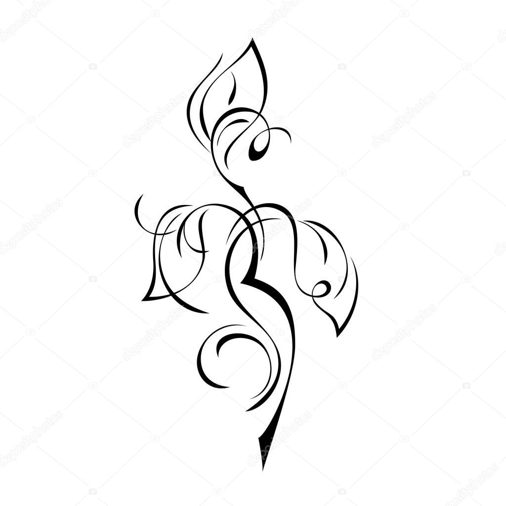 unique stylized twig with leaves and curls in black lines on a white background