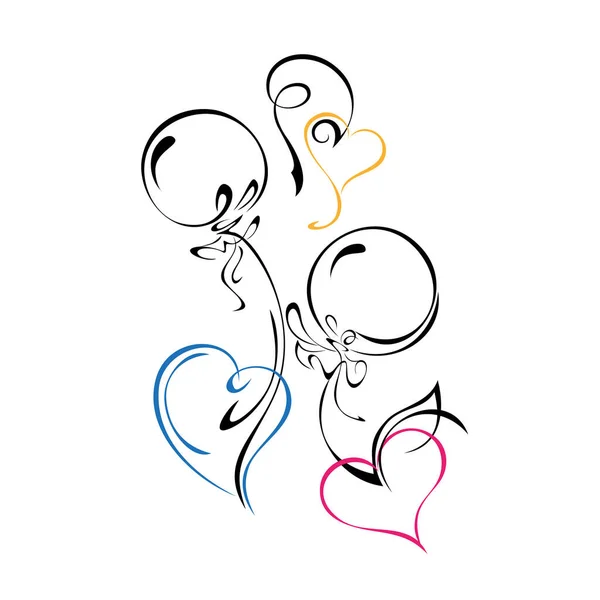Trois Coeurs Stylisés Avec Ballons Boucles Lignes Colorées Sur Fond — Image vectorielle