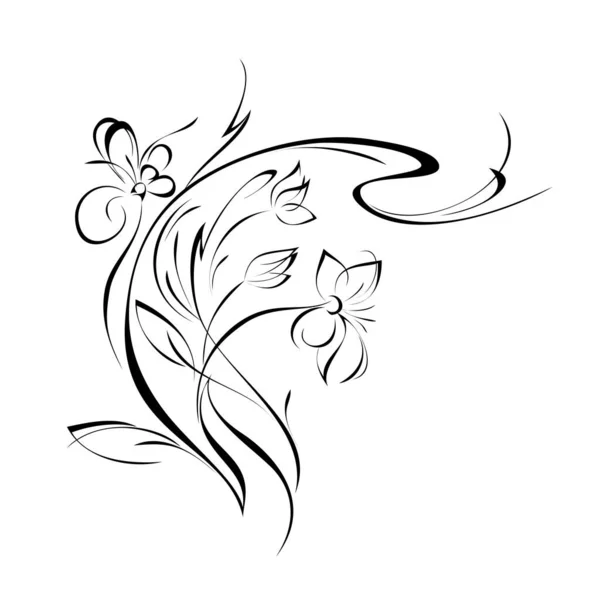 白い背景に花や葉やカールが描かれた様式化された小枝 — ストックベクタ