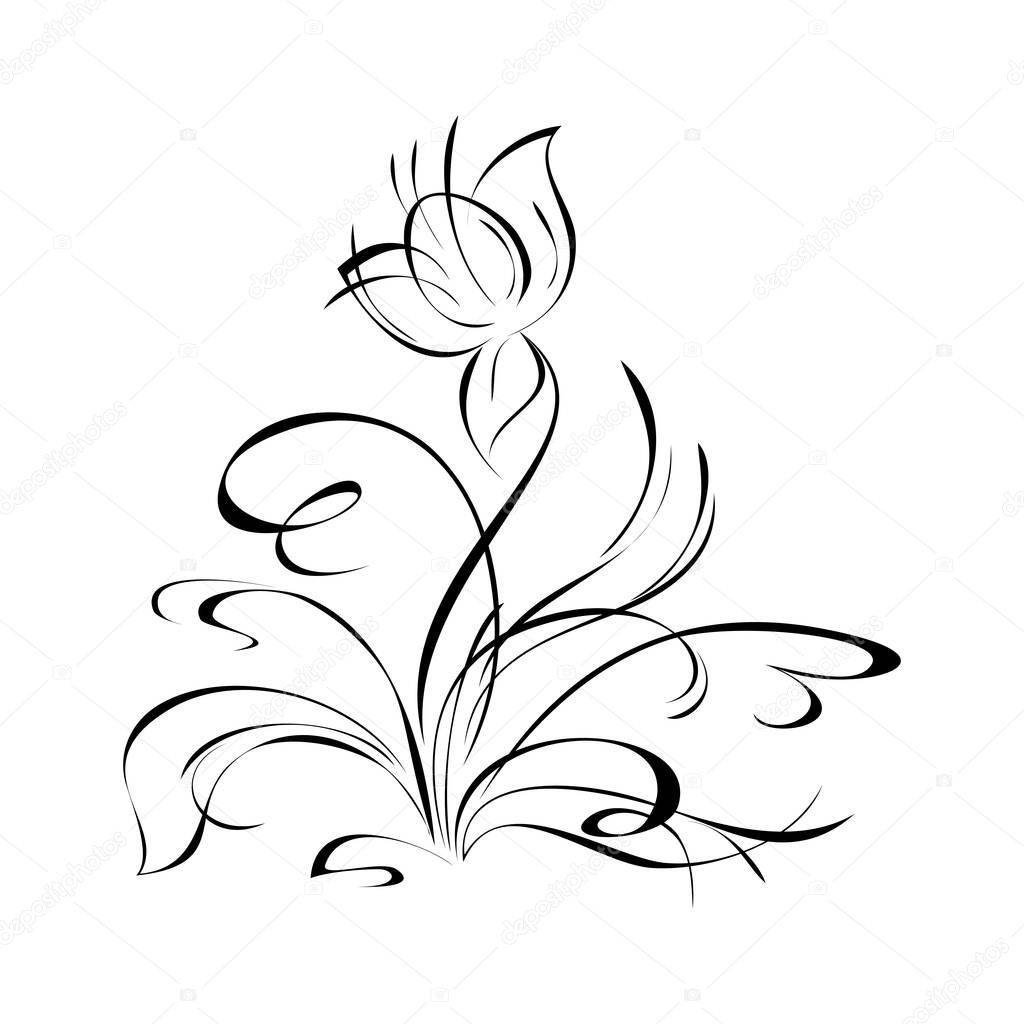 stylized flower bud on a curved stalk with leaves and curls in black lines on a white background