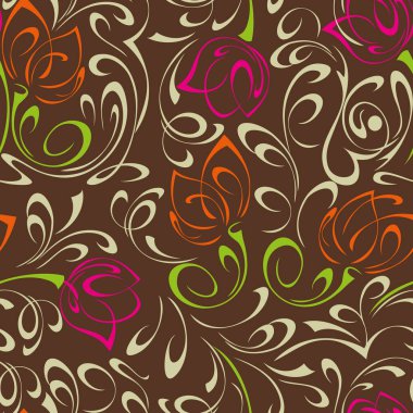 Soyut süslemelerle kusursuz desen ve stilize çiçekler ve kahverengi arkaplanda renkli çizgiler.