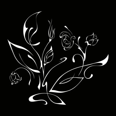 Tomurcukları olan bir gülün stilize edilmiş dalı ve siyah bir grupta beyaz çizgiler içinde yapraklar.