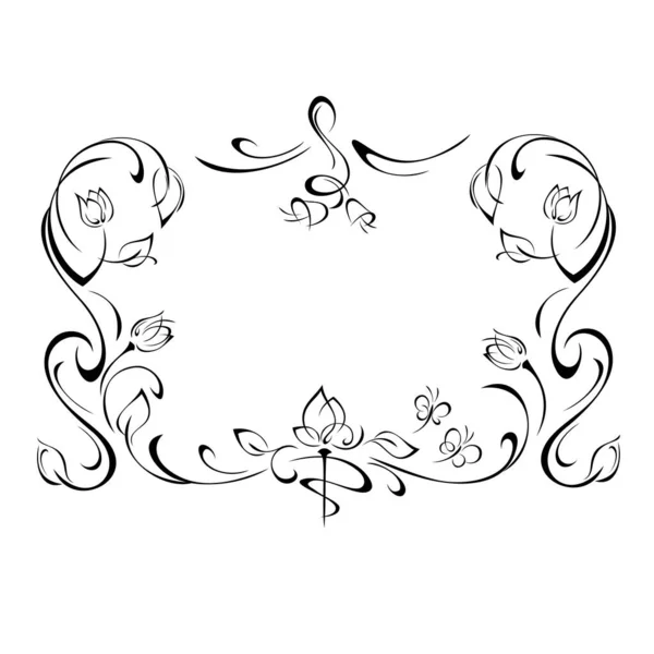 Decorative Horizontal Frame Stylized Flower Buds Leaves Bells Butterfly Vignettes — Stock Vector