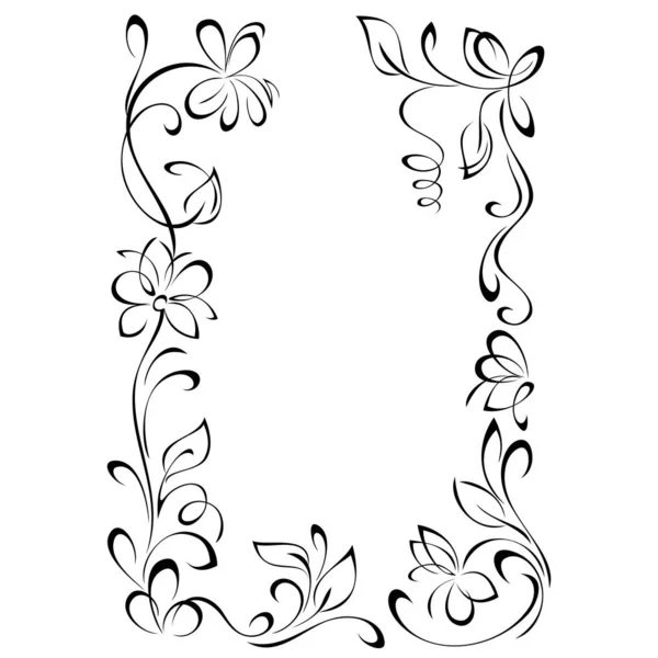 Unikátní Dekorativní Rám Stylizovanými Květy Stoncích Letáky Kudrlinkami Černých Liniích — Stockový vektor