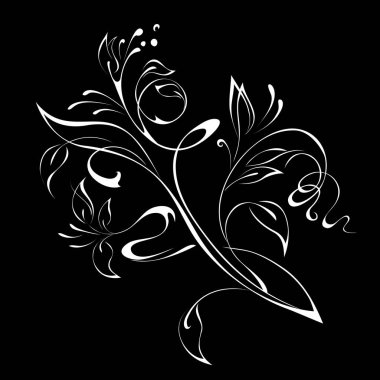 Çiçekli stilize filiz ve siyah arkaplan üzerinde beyaz çizgiler içinde yapraklar