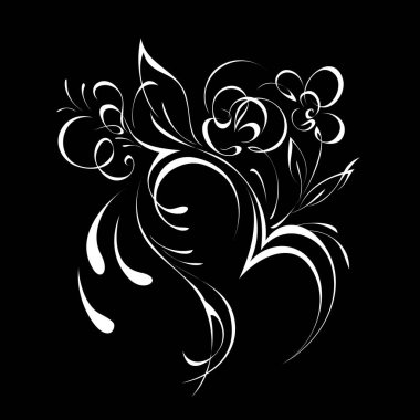 Soyut çiçek deseni, siyah arka planda beyaz çizgili bir kalp.