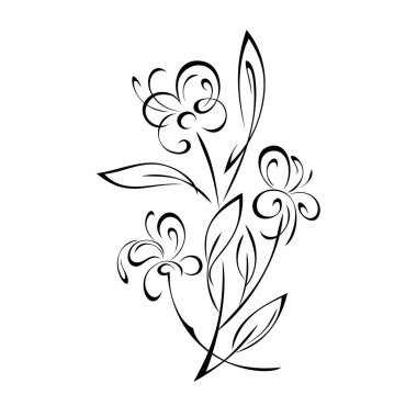 Sapları siyah renkli, beyaz arkaplanda yaprakları olan üç stilize çiçek.